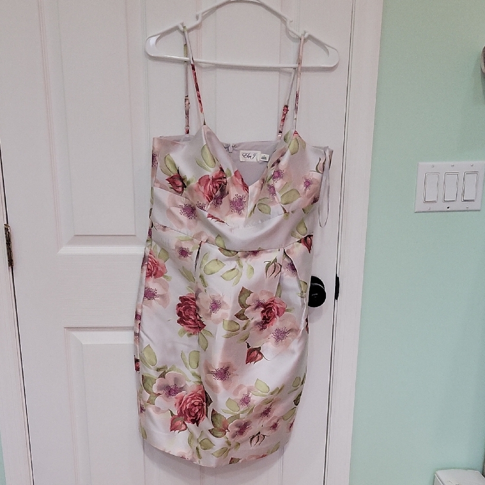 Eliza J Pink Rose Print Satin Slip Dress with Green Leaves